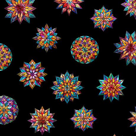 Radiant Reflection-Stained Glass Stars Black by Quilting Treasures