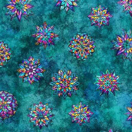 Radiant Reflection-Stained Glass Stars Teal by Quilting Treasures