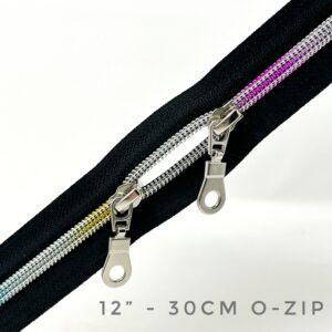 'O Zip' with Double Slider , Black / Rainbow ,12" / 30cm