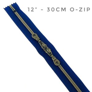 'O Zip' with Double Slider , Navy / Antique Brass ,12" / 30cm