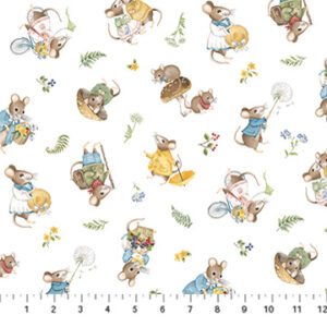 Country Mouse-Scattered Mice on White by Deborah Edwards for Northcott